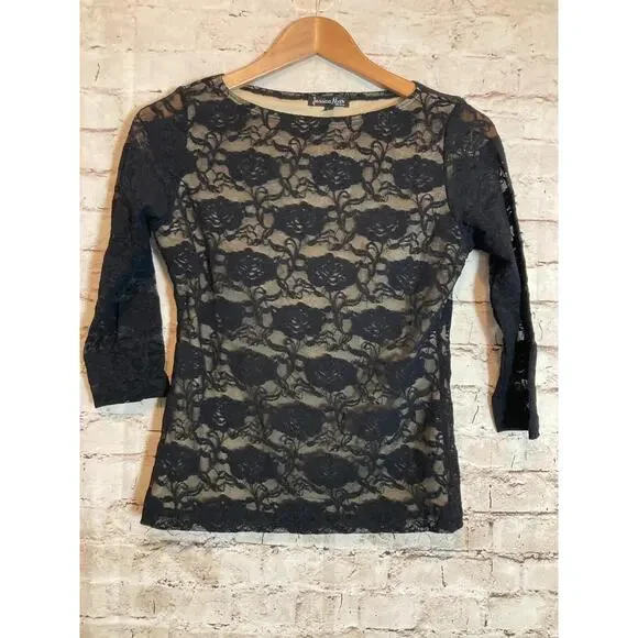 Jessica Max U.S.A. Top Womens Medium Black All Over Lace Fairy Whimsigoth Grunge - Picture 1 of 12